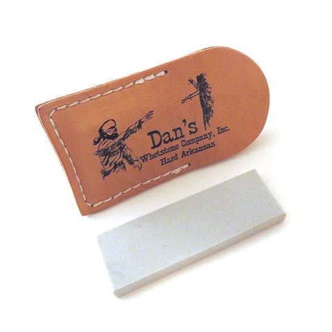 Dans Whetstone Genuine Arkansas Hard Fine Pocket Knife Blade Sharpening Stone Wet stone 4" x 1" x 3/8-1/2" in Leather Pouch FAP-14-L